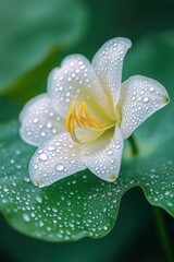 Fototapeta premium Delicate white flower with droplets on lush green leaves in a tranquil setting