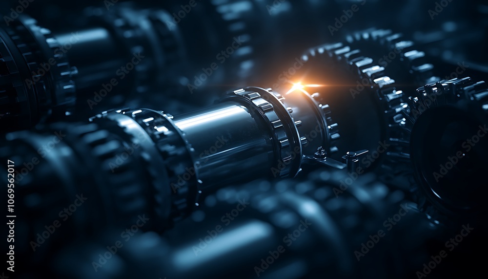 Leinwandbilder a detailed image of metallic gears interlocked in a dark environment, featuring a glimmer of light, 