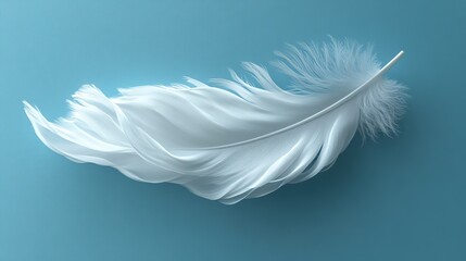 Obraz premium A single white feather gently falling against a blue background, highlighting softness and elegance.
