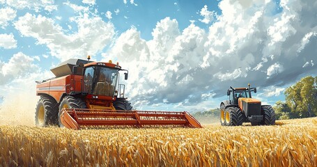 Obraz premium A sketch illustrates the coordination between a combine harvester and tractor during fieldwork, demonstrating the efficiency of agricultural machinery in a collaborative process.
