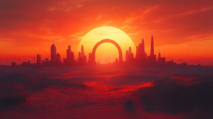 A skyline silhouette combines natural elements such as an old arch and sand dunes, celebrating the cultural heritage through a stunning 3D illustration.