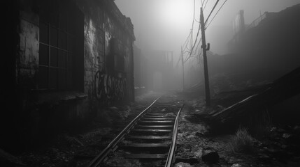 Naklejka premium Foggy Abandoned Railroad Tracks in Ruins