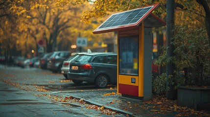 Obraz premium A small solar panel is positioned atop a parking payment terminal, illustrating eco-friendly technology in everyday use.