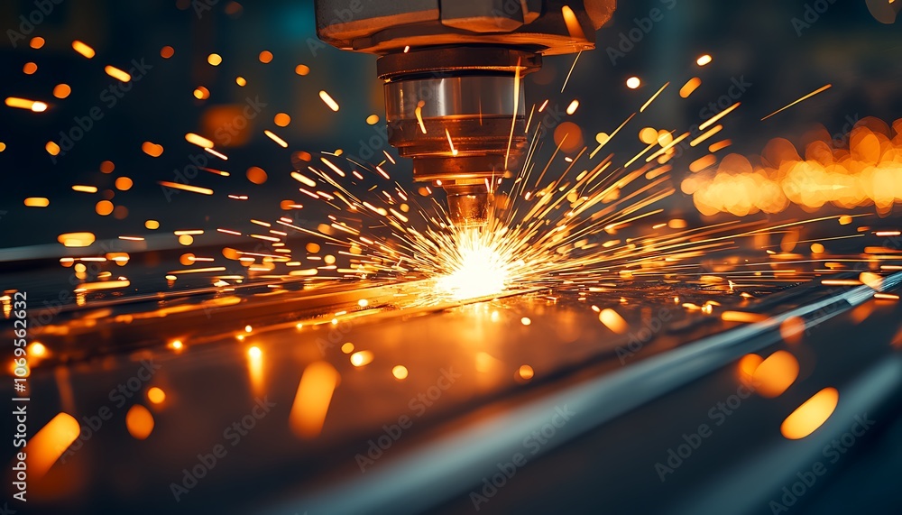 Poster A high-tech laser cutting machine emits bright sparks as it processes metal surfaces, showcasing precision and advanced manufacturing techniques.