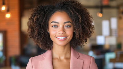 Fototapeta premium A young Black woman smiles warmly at the camera while wearing a light pink blazer.