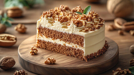 Decadent walnut cake layered with cream and topped with nuts on a wooden board