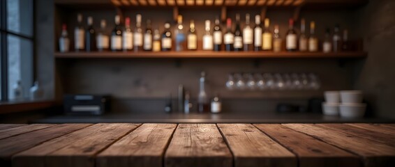 Real photographs material of rustic wooden bar countertop with a warm, background, ambient background of blurred bottles, wallpaper 