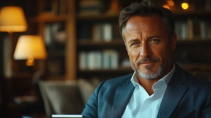 confident middle-aged businessman in a sleek office, intently using a digital tablet, with warm, ambient lighting enhancing his smile, projecting a sense of achievement and professionalism