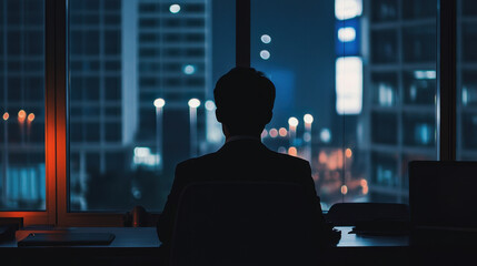 Fototapeta premium business man sits in office at night, gazing out at city skyline illuminated by lights. atmosphere is contemplative and serene, reflecting moment of introspection