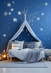 Cozy children's bedroom with starry decor and soft lighting for a peaceful atmosphere.