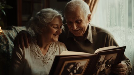 Senior Couple Sharing Memories In Old Photo Album