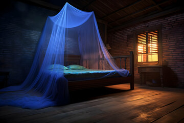 A serene bedroom with a bed draped in a blue mosquito net, illuminated by warm light.