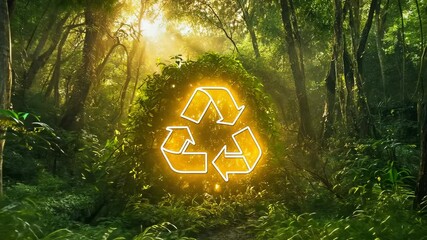 A dazzling recycle sign glows amidst a mystical forest at sunrise, highlighting sustainability. The golden rays filter through dense foliage, emphasizing nature’s fragility and our role in