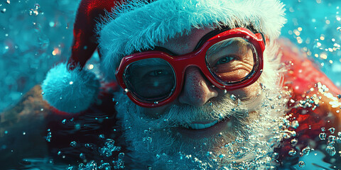 Fototapeta premium Close up of Santa Claus wearing swim goggles and swimming underwater, generative AI