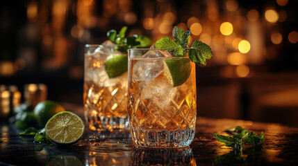 Refreshing gin and tonic cocktails served in crystal glasses, garnished with lime and mint, create vibrant atmosphere perfect for social gatherings