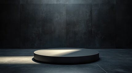 A Black Circular Platform in a Dark Room with Tiled Walls