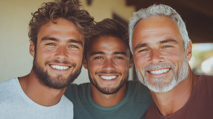 Three generations of men smile brightly for the camera.