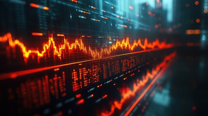 Fototapeta premium A close-up view of a stock market chart displaying a red line representing stock prices, data, and statistics on a digital screen.