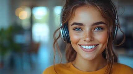 customer service representative with headphones, smiling and assisting clients in a bright call center, embodying professionalism and support in a lively work environment