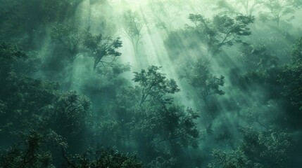 Obraz premium A mystical fog drifts through the trees giving the illusion of floating above the forest floor in this otherworldly rainforest.