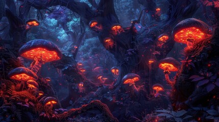 An otherworldly landscape of glowing mushrooms and twisting vines creating a fantastical and spellbinding environment.