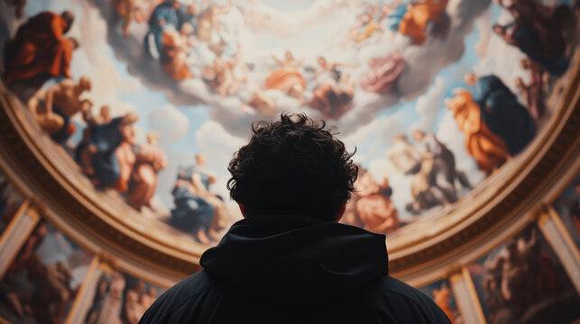 A man admires a colorful fresco in an art museum.