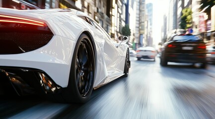 Obraz premium Motion blur of exotic sports cars driving through a bustling cityscape