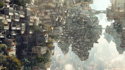 A futuristic cityscape dotted with homes and offices that seemed to be suspended in midair held up by an invisible force.