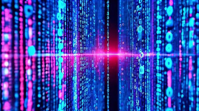 Abstract binary code background with neon lights in blue and pink.