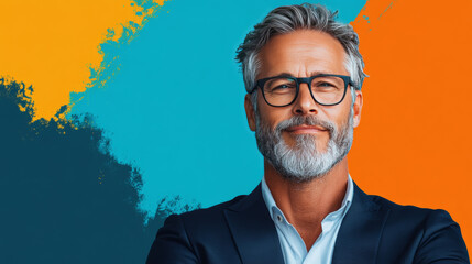 Smiling man in a suit and glasses against a colorful background.