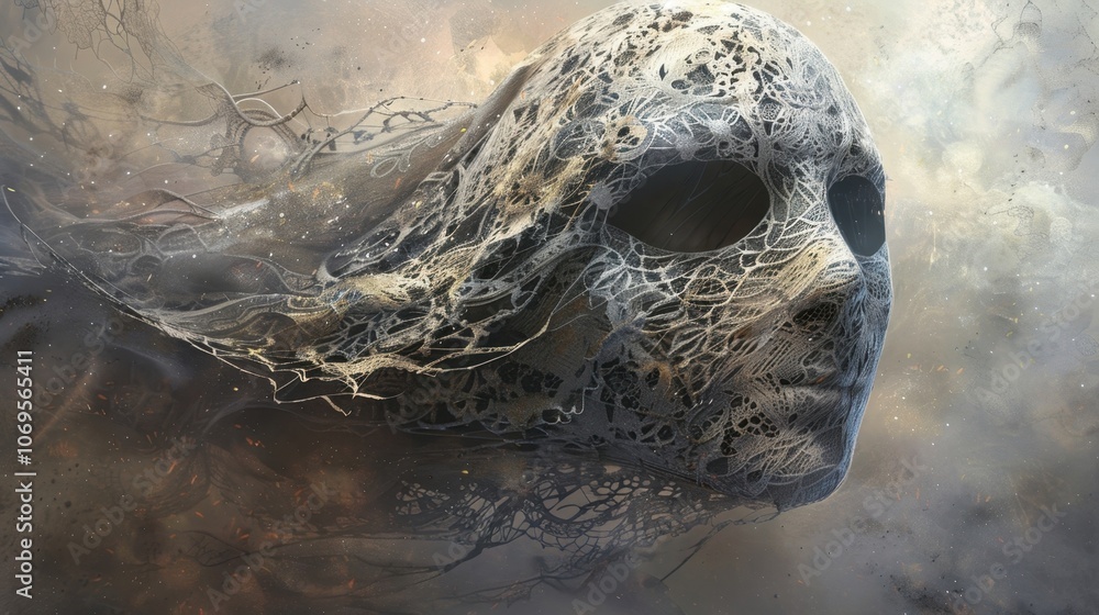 Poster a halfmask made of intricate lace seemingly floating on its own as if imbued with magic.