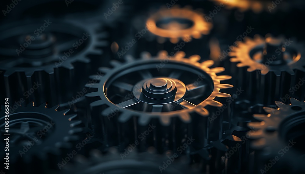 Leinwandbilder A close-up image of interlocking gears, showcasing intricate metal textures and a play of light and shadow.