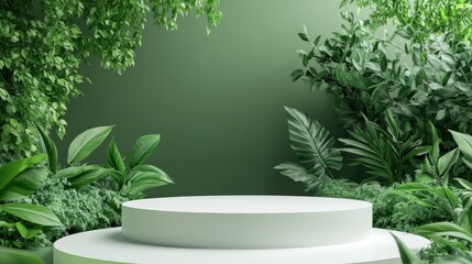 White Platform Display Surrounded by Lush Green Foliage