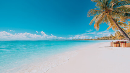 Christmas gifts under a palm tree on a tropical beach.