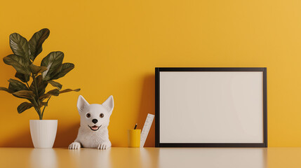 charming interior scene featuring playful dog figurine beside potted plant and blank picture frame against vibrant yellow wall. This setup adds cheerful touch to any space