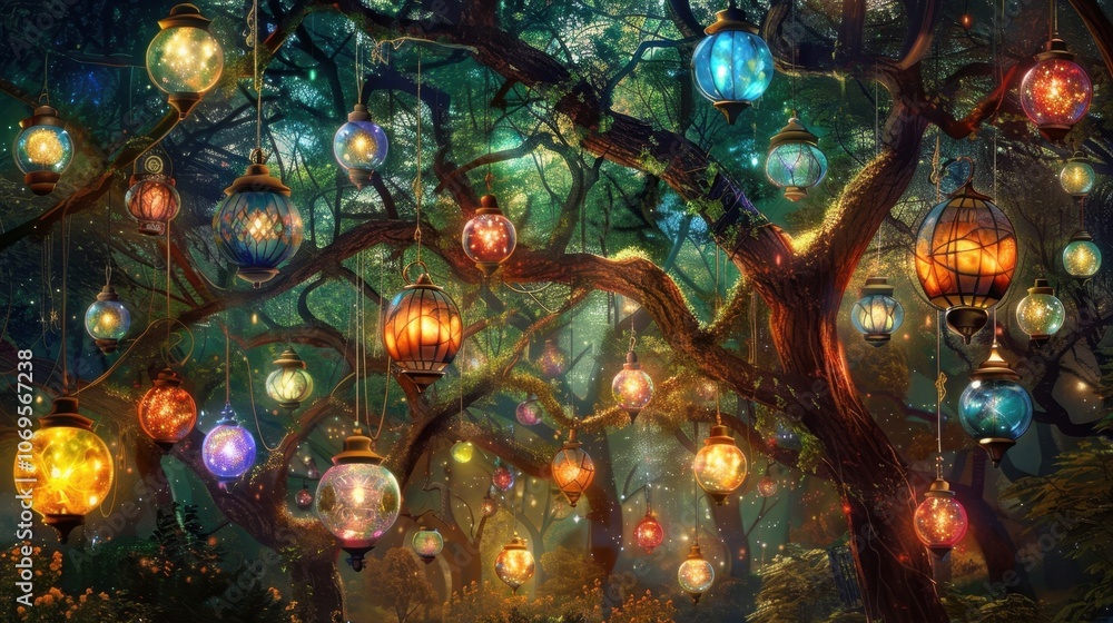 Aufkleber multicolored lanterns hung from tree branches casting a warm glow over enchanted tapestries and crys