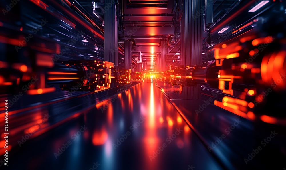 Poster a vibrant, futuristic tunnel illuminated by neon lights, showcasing a sleek, high-tech environment w