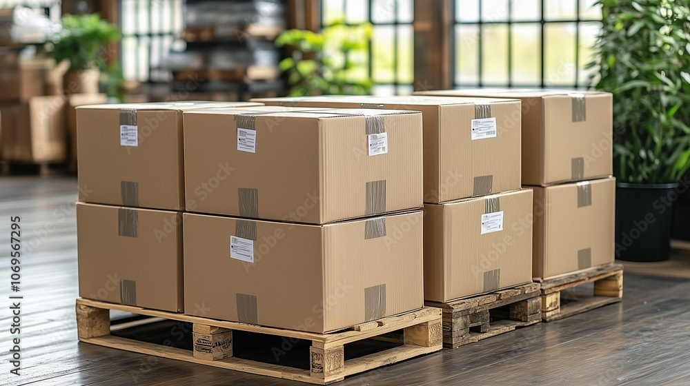 Poster stacked cardboard boxes on pallets: a pile of neatly stacked cardboard boxes on pallets, ready for s