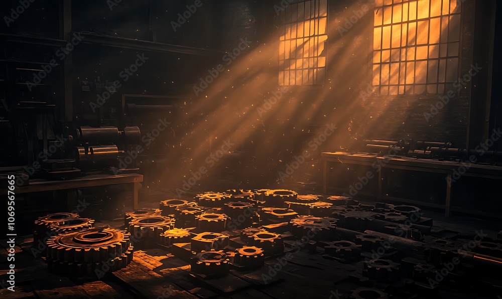 Poster A dimly lit workshop with sunlight streaming through windows, illuminating a floor scattered with gears and mechanical parts.