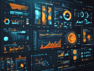 A futuristic interface with a complex array of graphs, charts, and data visualizations in orange and blue hues against a dark background.