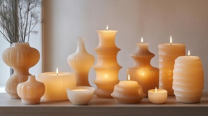 elegant arrangement of artisan wax candles in various shapes and sizes, softly glowing in glass holders, creating a serene atmosphere against a minimal white backdrop