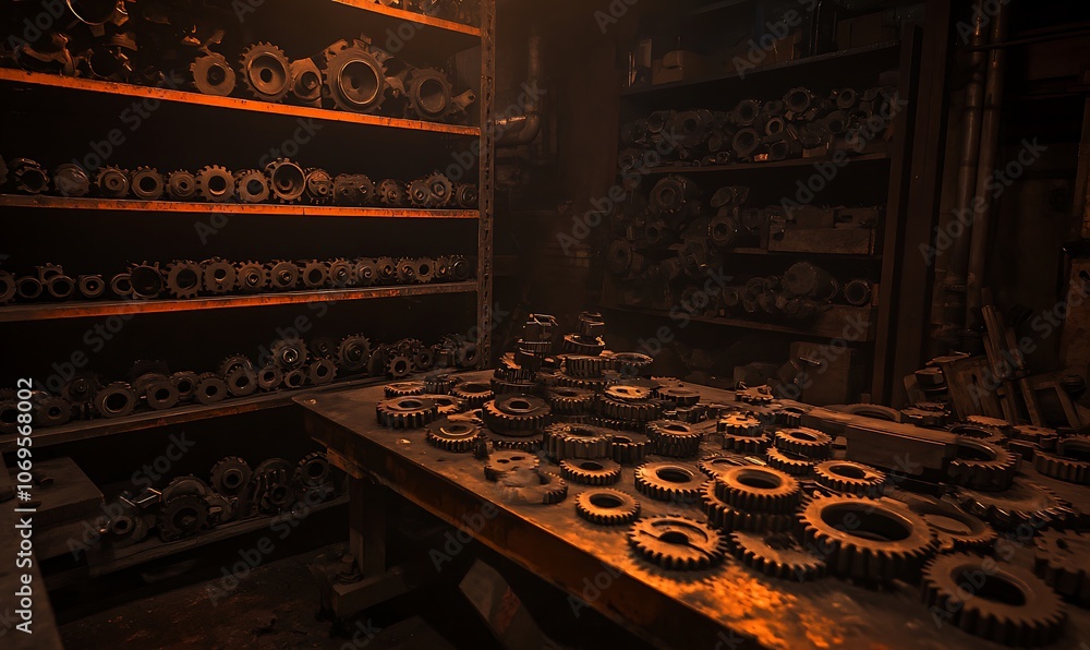 Leinwandbilder an industrial setting featuring an assortment of gears on a table, surrounded by shelves filled with