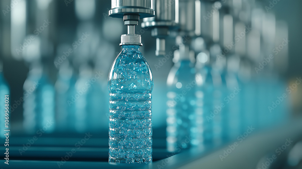 Leinwandbilder close up of machinery processing plastic bottles in factory setting, showcasing intricate details of