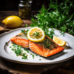 A beautifully plated salmon fillet with herbs and lemon.