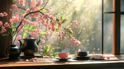 A tranquil tea ceremony set amidst the enchanting beauty of blooming peach blossoms in spring