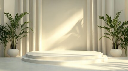 Minimalist White Platform with Palm Plants and Sunlight
