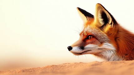 Fototapeta premium Close-up of a red fox gazing into the distance against a soft, blurred background, showcasing its vibrant fur and alert expression.