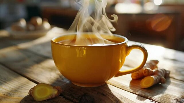 Steaming cup of turmeric tea on rustic wooden table with vibrant yellow color, golden turmeric root, warm sunlight, inviting aroma, comfort, well being