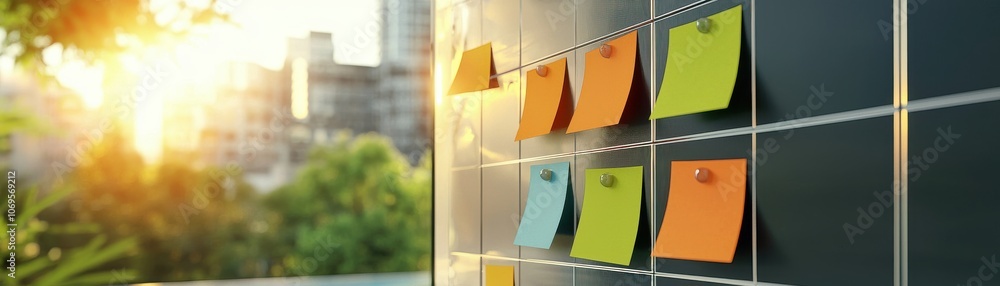 Poster a colorful array of sticky notes on a wall, illuminated by the warm glow of sunrise, suggesting orga