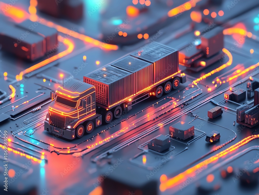 Aufkleber a futuristic truck with two shipping containers drives on a circuit board with glowing orange lines.